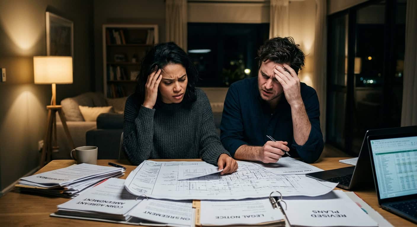 זוג לחוץ יושב מול שולחן עמוס בתוכניות אדריכליות, מסמכים משפטיים ומחשב נייד בשעות הלילה