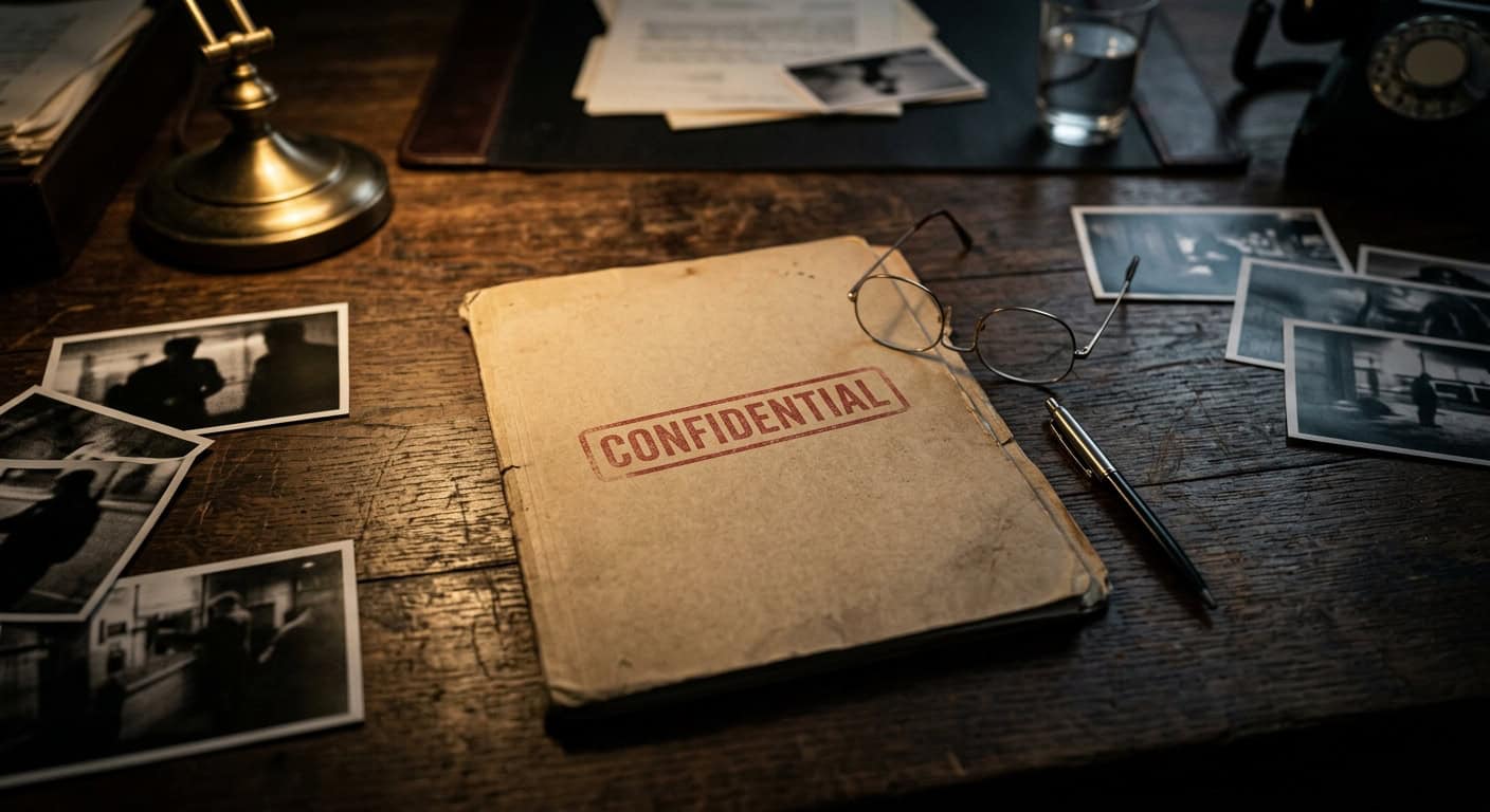 תיק חקירה מסווג עם חותמת סודי (Confidential) מונח על שולחן עץ כהה, לצד תמונות מעקב בשחור-לבן, משקפיים, עט נובע ומנורת שולחן בסגנון וינטג'.