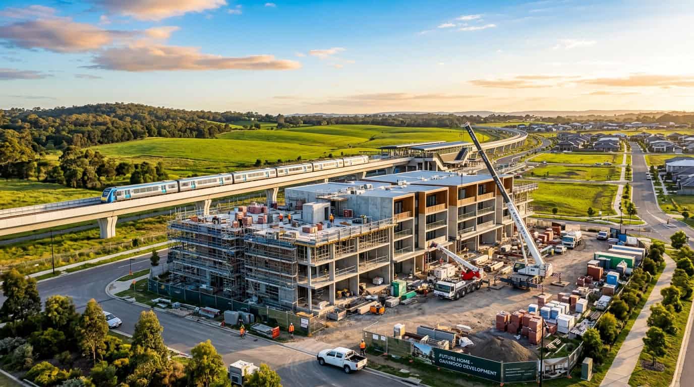 צילום אווירי של פרויקט בניית בניין מגורים חדש בסמוך למסילת רכבת עילית, עם מנוף ופועלים באתר הבנייה על רקע נוף פרברי ירוק בשקיעה.
