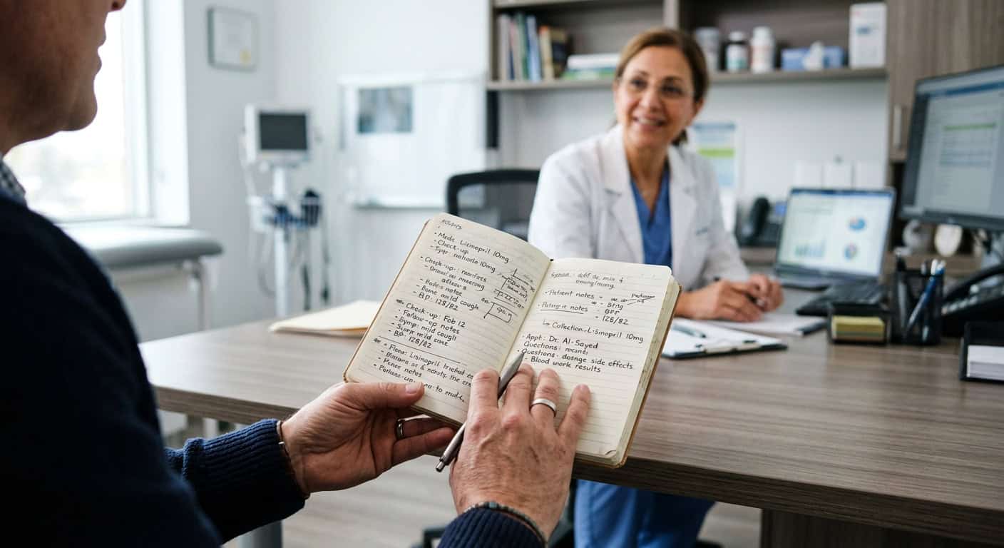 מטופל מחזיק פנקס פתוח עם רישומים רפואיים ושאלות במהלך פגישת ייעוץ עם רופאה במרפאה