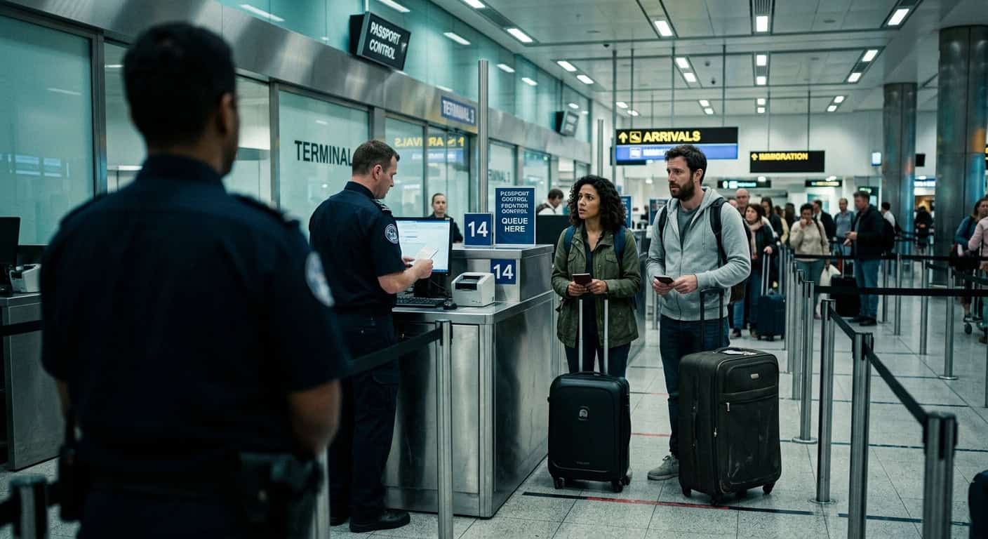 זוג נוסעים עם מזוודות עומדים מול קצין בעמדת ביקורת דרכונים בשדה תעופה