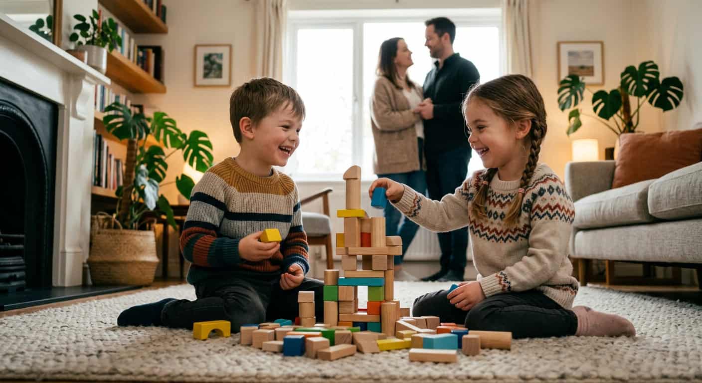 שני ילדים קטנים ושמחים משחקים בקוביות עץ צבעוניות על השטיח בסלון הבית, בזמן שהוריהם עומדים ומשוחחים ברקע