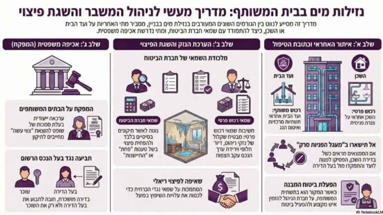אינפוגרפיקה מציגה מידע בנושא נזילות מים בבית המשותף עם איורים וטקסט.
