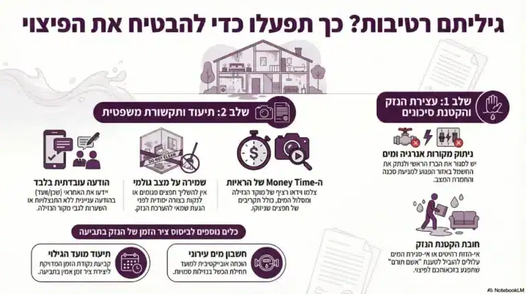 אינפוגרפיקה בצבעי סגול-לבן עם איורים וטקסט המסבירה כיצד לפעול במקרה של רטיבות כדי להבטיח פיצוי.